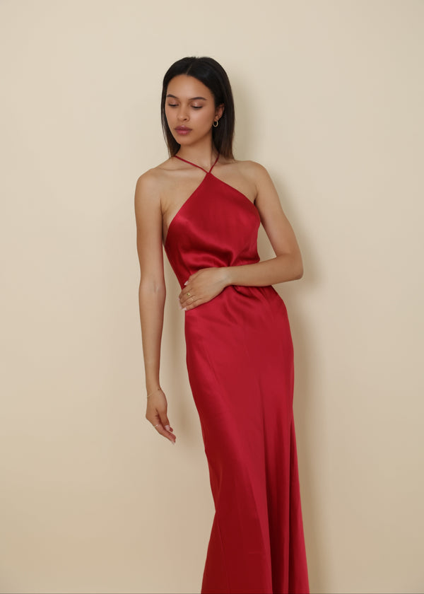 Adele Red Halter-Neck Elegant Silk Slip Dress