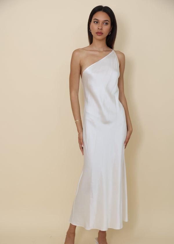 White One-Shoulder Silk Classy Casual Dress