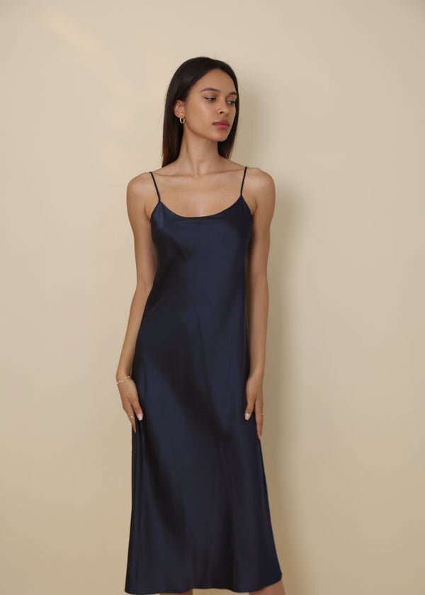 Navy Silk Slip Casual Midi-Length Dress