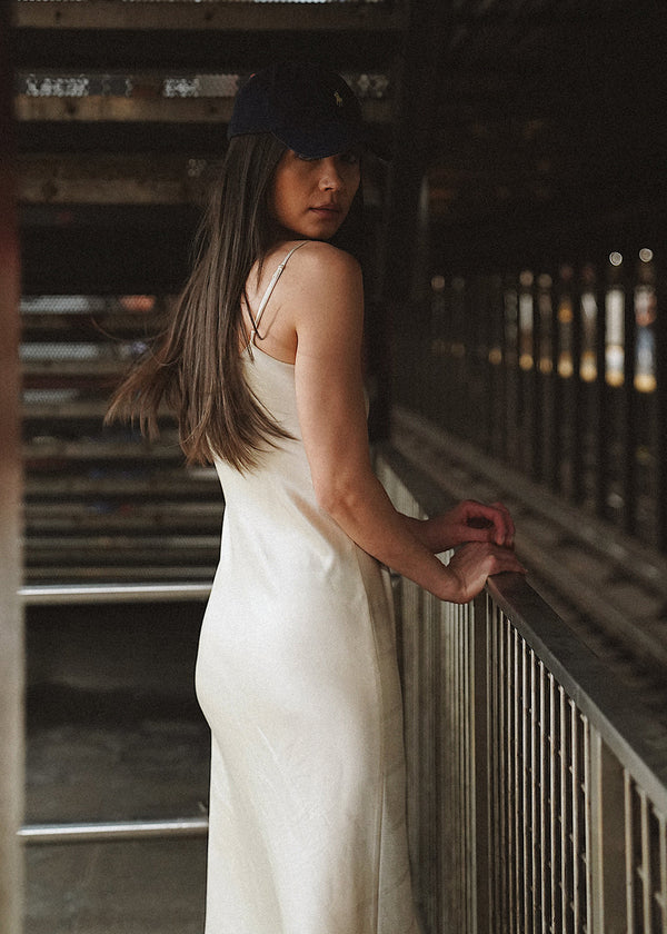 Cream Bias-Cut Casual Silk Slip Dress