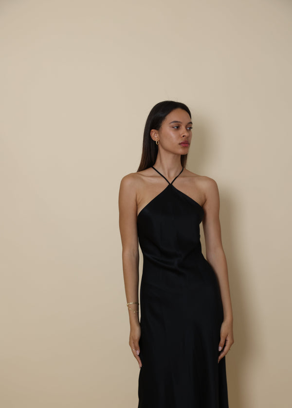 Adele Black Halter-Neck Silk Casual-Maxi Dress